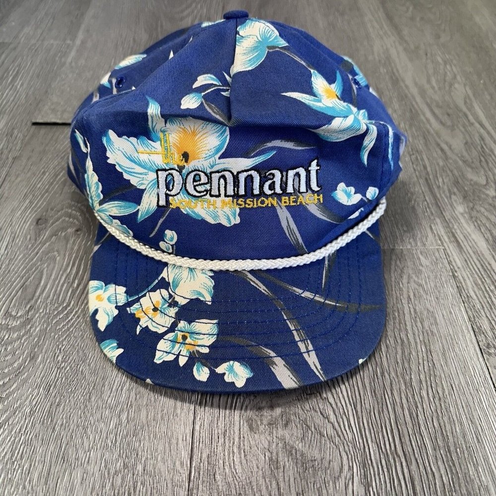 Vintage Pennant South Mission Beach Hawaiian Blue Floral SnapBack Adjustable Hat